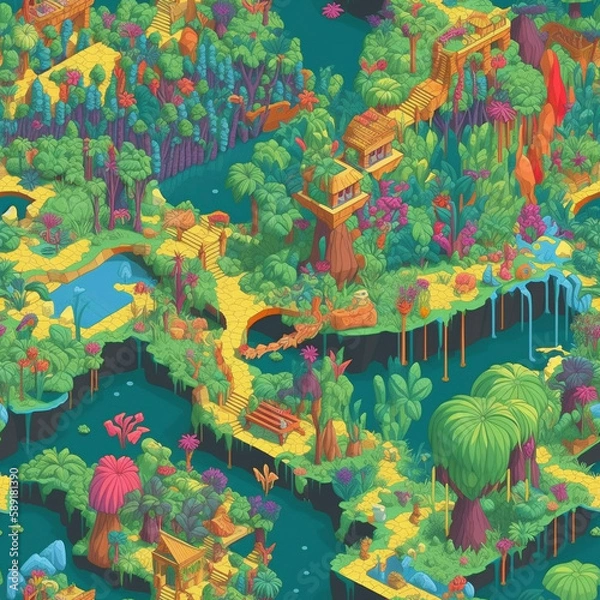 Fototapeta Seamless repeating pattern - isometric fantasy world