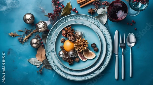 Obraz Christmas table place setting on blue background. Generative AI.