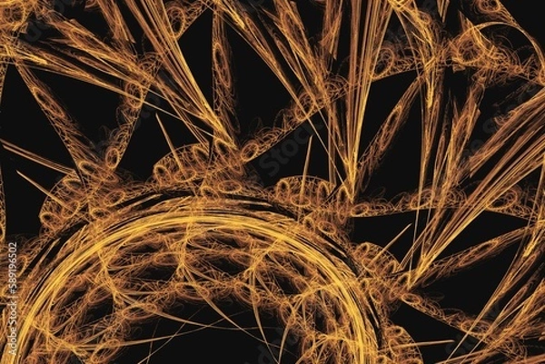 Fototapeta Orange pattern of crooked waves on a black background. Abstract fractal 3D rendering
