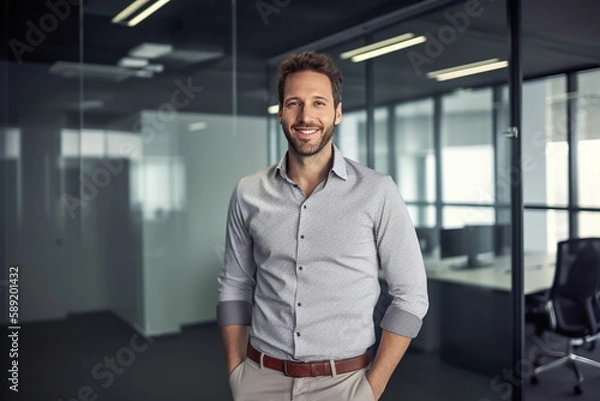 Obraz Mann in Hemd steht im modernen hellen Büro - Thema Gründung, Unternehmens-Software oder Start-Up - Generative AI