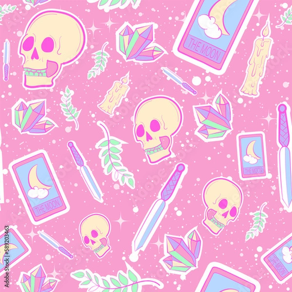 Fototapeta Pastel goth seamless pattern with skulls, amethysts, daggers and branches. Repeat background with kawaii colors and wiccan elements