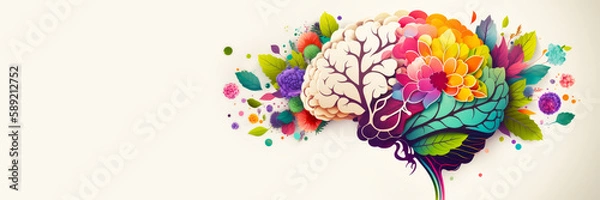Fototapeta Human brain with spring colorful flowers. World Mental Health day banner. Concept of mental health, self care, happiness, harmony, positive thinking, creative mind. Generative ai.