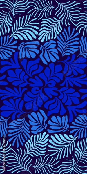 Fototapeta Blue gradient abstract background with tropical palm leaves in Matisse style. Vector seamless pattern with Scandinavian cut out elements.