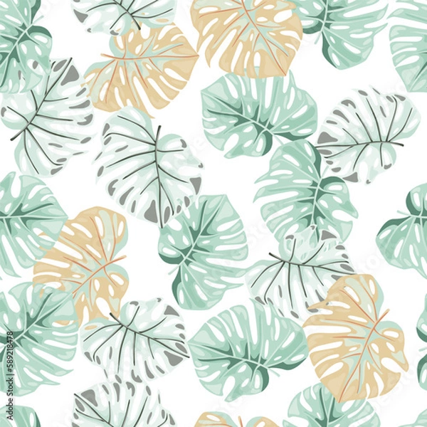 Fototapeta Monstera leaves seamless pattern. Exotic jungle plants endless wallpaper. Leaf background. Hawaiian rainforest floral backdrop.