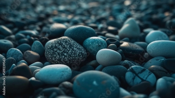 Fototapeta Abstract pebble nature background. Blue texture of pebbles. Stone background. Generative AI