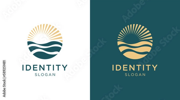 Fototapeta Sun logo with sea wave vector design