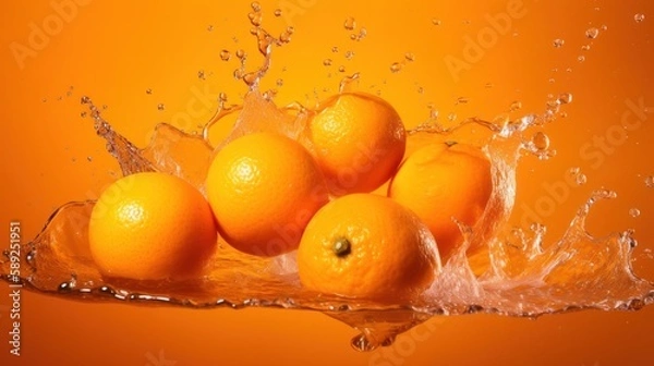Fototapeta oranges with splash effect isolated on a yellow orange background