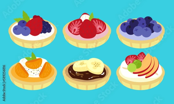 Fototapeta A series of mixed fruit tart in cute flat color style vector