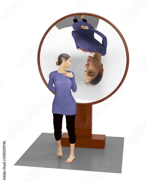Fototapeta 3D illustration of a woman looking at her enlarged and inverted image reflected by a big round concave mirror