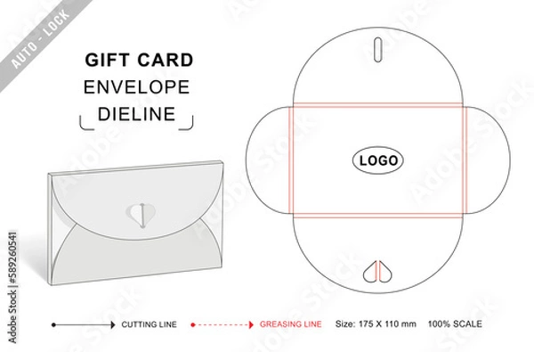 Fototapeta Gift card envelope die cut template with 3D blank vector mockup. Heart shape envelope dieline