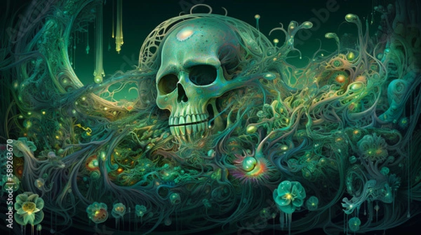 Fototapeta Magical pattern. Green skull in flowers. Digital painting. Concept art algae, underwater world. Generative AI. 