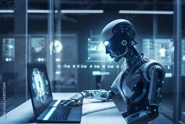 Fototapeta Futuristic android or AI cyborg robot digital intelligence concept. Artificial intelligence machine in the metaverse concept. AI generated