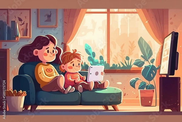 Fototapeta Young pregnant woman and little boy watching cartoons or movie for children or communicating in video chat while resting at home . Generative IA
