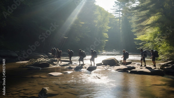 Fototapeta Group of hikers tourists crossing green forest river, beautiful sunlight above nature landscape
