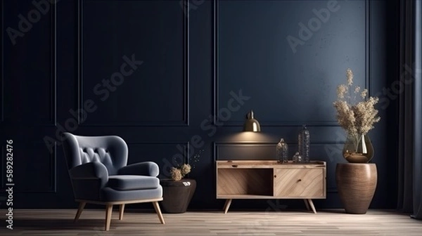 Fototapeta Stylish Modern wooden living room has an armchair on empty dark blue wall background. generative ai