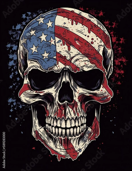 Obraz American Flag Skull Illustration, logo, t shirt design, patriotic, Independence Day. Generative AI