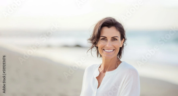 Obraz Happy 40 year old woman on the beach smiling with serenity. Generative AI