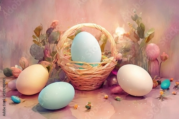 Obraz Easter eggs in a basket, watercolor illustration. Generative AI