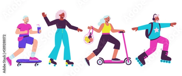 Fototapeta A group of fashionable seniors of different races are actively spending time. Rollerblading, skateboarding, scootering. Active aging. Flat vector illustration of senior active sport.