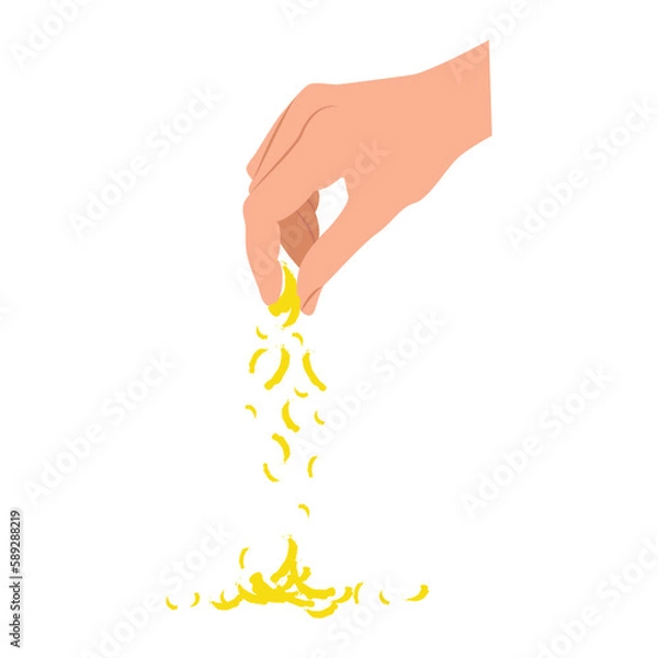 Fototapeta Hand pours grated cheese. The man's hand holds some cheese and the pieces fall down. Vector template for recipes, menu, decor, restaurant, cafe, pizzeria.