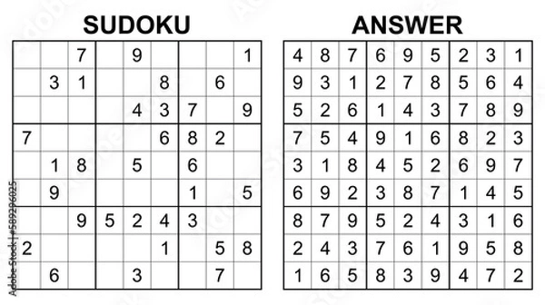 Fototapeta Vector sudoku with answer. Educational game with numbers for kids and leisure for adult on white background.	