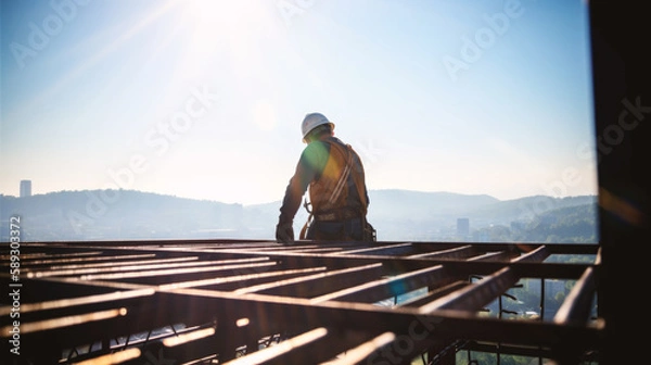 Fototapeta Determined iron worker with helmet and gloves masters the heights, diligently working on a building's framework, epitomizing skill and commitment in the trade. Generative AI