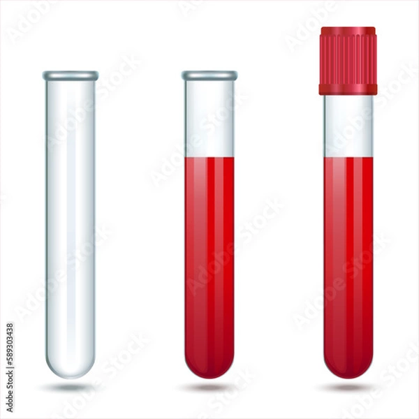 Fototapeta Glass laboratory test tube with cap. Blood test tube glass design. Empty vial without liquid. Laboratory glassware, biology, medicine and pharmaceuticals. Object on a white background. Vector EPS 10