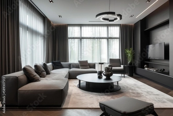Fototapeta This image showcases a modernly designed living room with luxurious details Generative AI