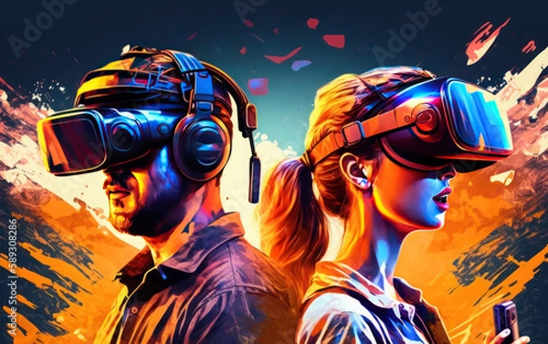 Obraz The digital community, cryptocurrency, and entertainment metaverse concept come to life as a male enjoys playing a game with VR virtual reality goggles in a 3D cyberspace environment, against a backdr