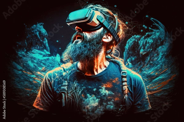 Obraz The digital community, cryptocurrency, and entertainment metaverse concept converge as a male enjoys playing a game with VR virtual reality goggles in a 3D cyberspace environment."