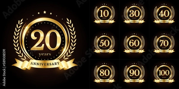 Fototapeta Anniversary golden luxury number emblem logo symbol vector graphic badge for a birthday, age, corporate business, wedding, certificate, year, event