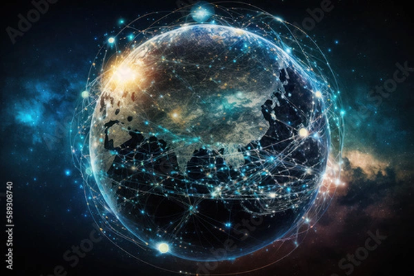Obraz The new generation of communication technology incorporates metaverse technology and a global social network, enabled by a virtual internet connection. This global communication network, with elements