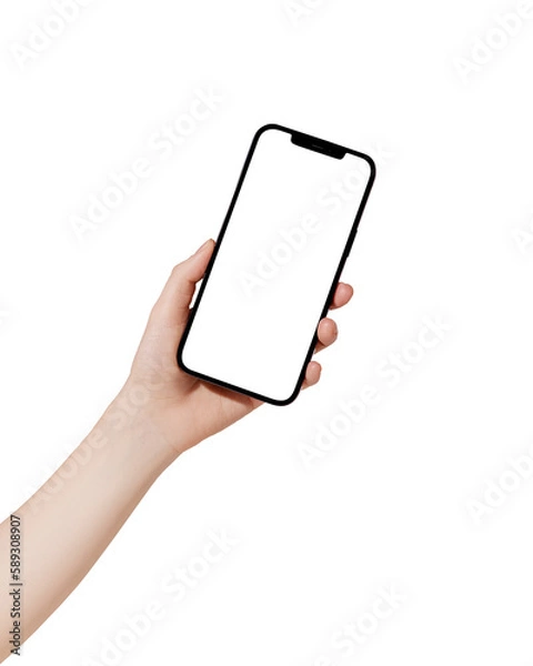Obraz Female hand holding cell phone with blank screen on transparent background. Mockup