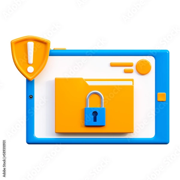 Fototapeta 3d icon. Tablet icon with a lock on the display. Protection of personal data. Hide secret files. Locking the device, entering a password. 3d render, cartoon style illustration.