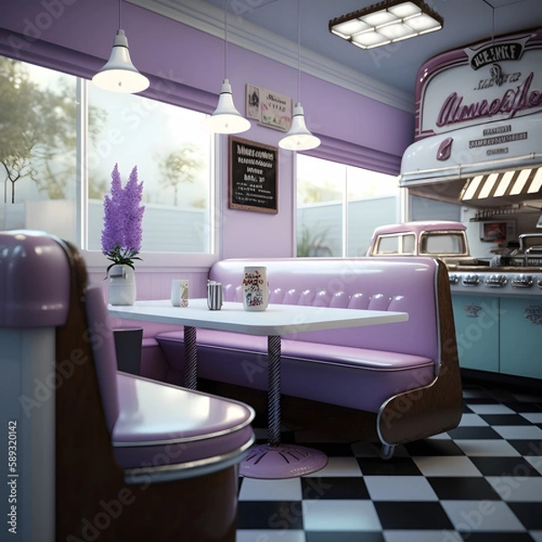 Fototapeta 1950's dinner, white ceiling, purple detailed, view on the counter and booths, AI generated
