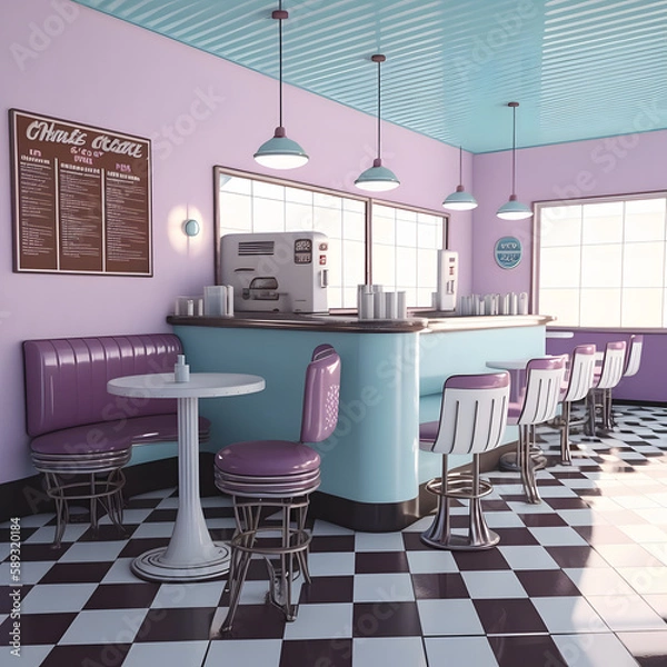 Fototapeta 1950's dinner, white ceiling, purple detailed, view on the counter and booths, AI generated
