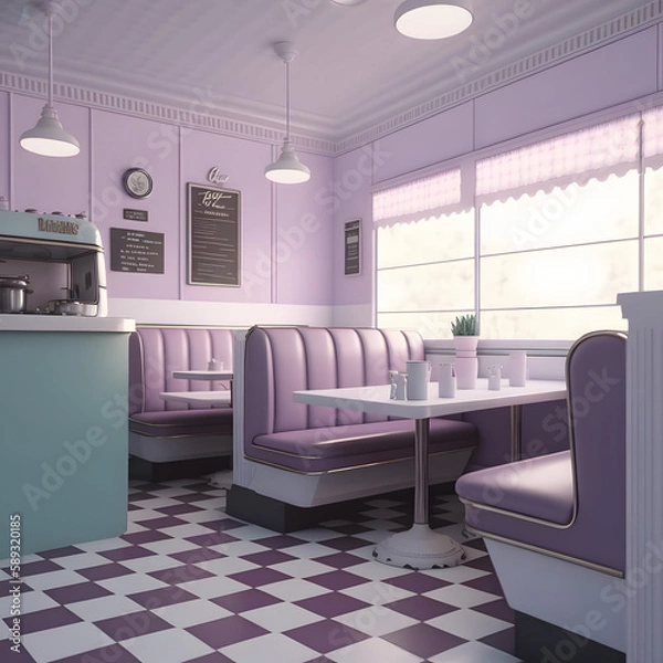 Fototapeta 1950's dinner, white ceiling, purple detailed, view on the counter and booths, AI generated
