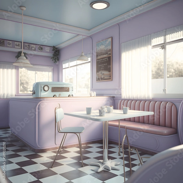 Fototapeta 1950's dinner, white ceiling, purple detailed, view on the counter and booths, AI generated
