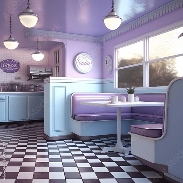 Fototapeta 1950's dinner, white ceiling, purple detailed, view on the counter and booths, AI generated
