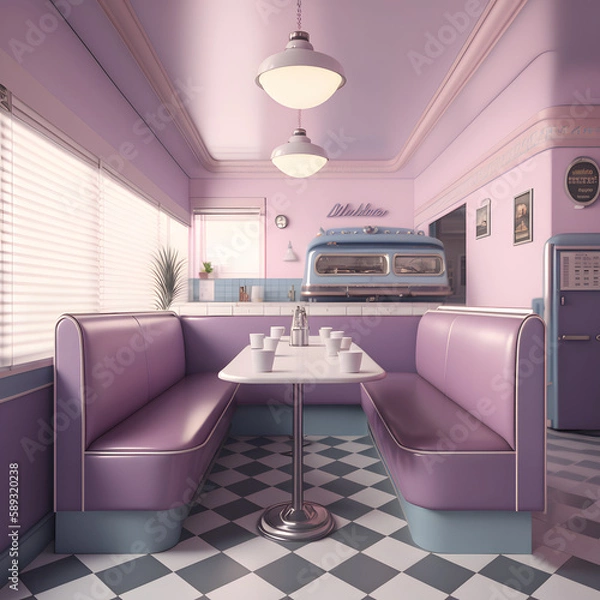 Fototapeta 1950's dinner, white ceiling, purple detailed, view on the counter and booths, AI generated
