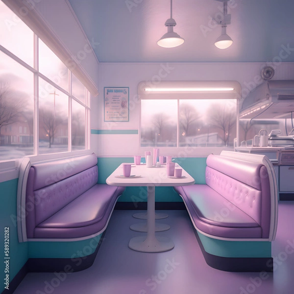 Fototapeta 1950's dinner, white ceiling, purple detailed, view on the counter and booths, AI generated
