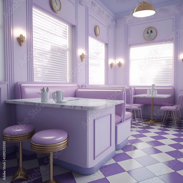 Fototapeta 1950's dinner, white ceiling, purple detailed, view on the counter and booths, AI generated
