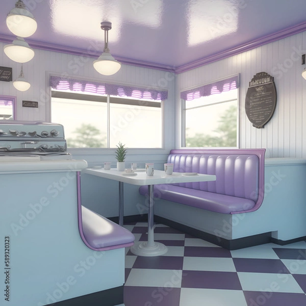 Fototapeta 1950's dinner, white ceiling, purple detailed, view on the counter and booths, AI generated
