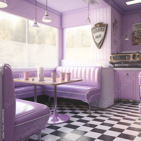 Fototapeta 1950's dinner, white ceiling, purple detailed, view on the counter and booths, AI generated
