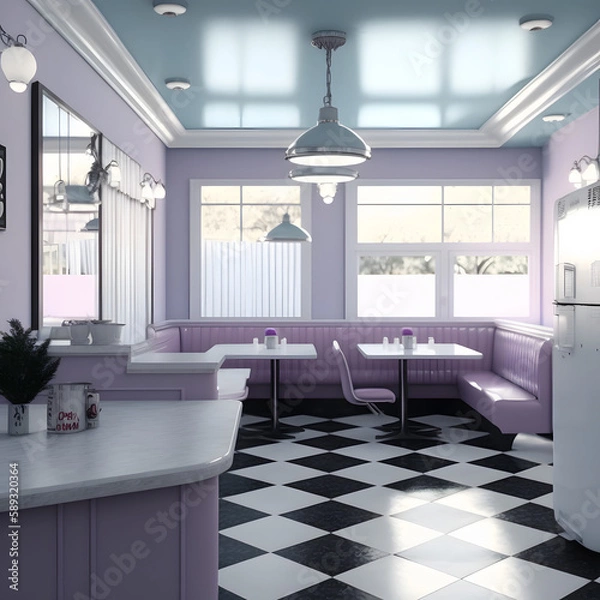 Fototapeta 1950's dinner, white ceiling, purple detailed, view on the counter and booths, AI generated
