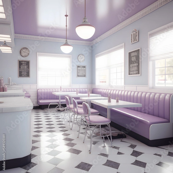 Fototapeta 1950's dinner, white ceiling, purple detailed, view on the counter and booths, AI generated
