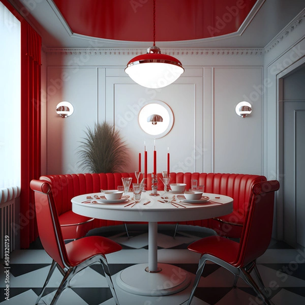 Fototapeta 1950's dinner, white ceiling, red detailed, view on the counter and booths, AI generated
