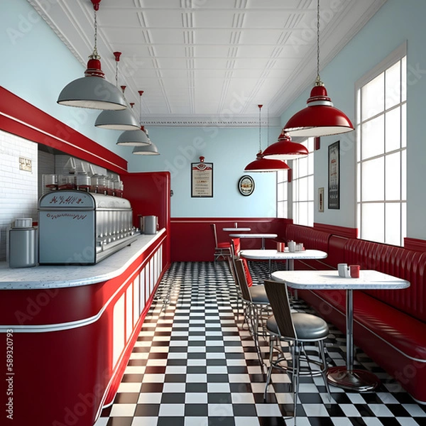 Fototapeta 1950's dinner, white ceiling, red detailed, view on the counter and booths, AI generated
