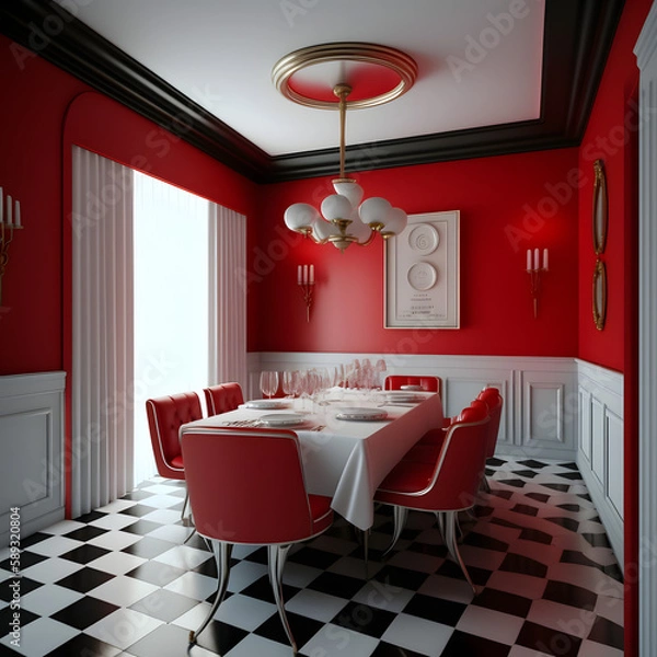 Fototapeta 1950's dinner, white ceiling, red detailed, view on the counter and booths, AI generated
