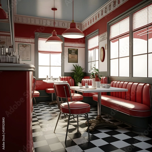 Fototapeta 1950's dinner, white ceiling, red detailed, view on the counter and booths, AI generated
